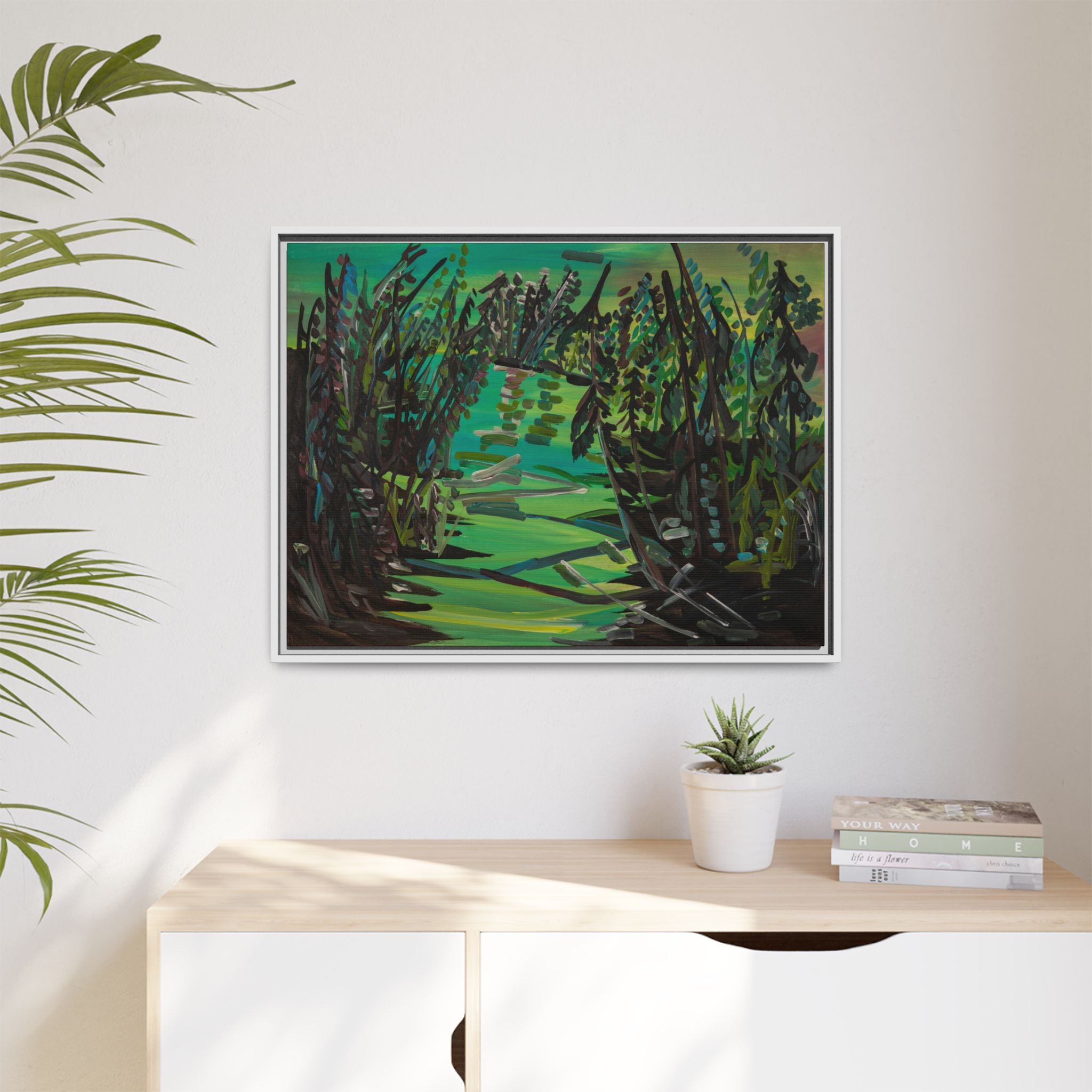 Framed Matte Canvas – Green Woodland Stream Landscape Wall Art