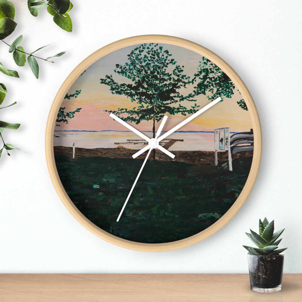 Lake Sunset Landscape Wall Clock | Beach Trees, Picnic Bench, Pastel Sky