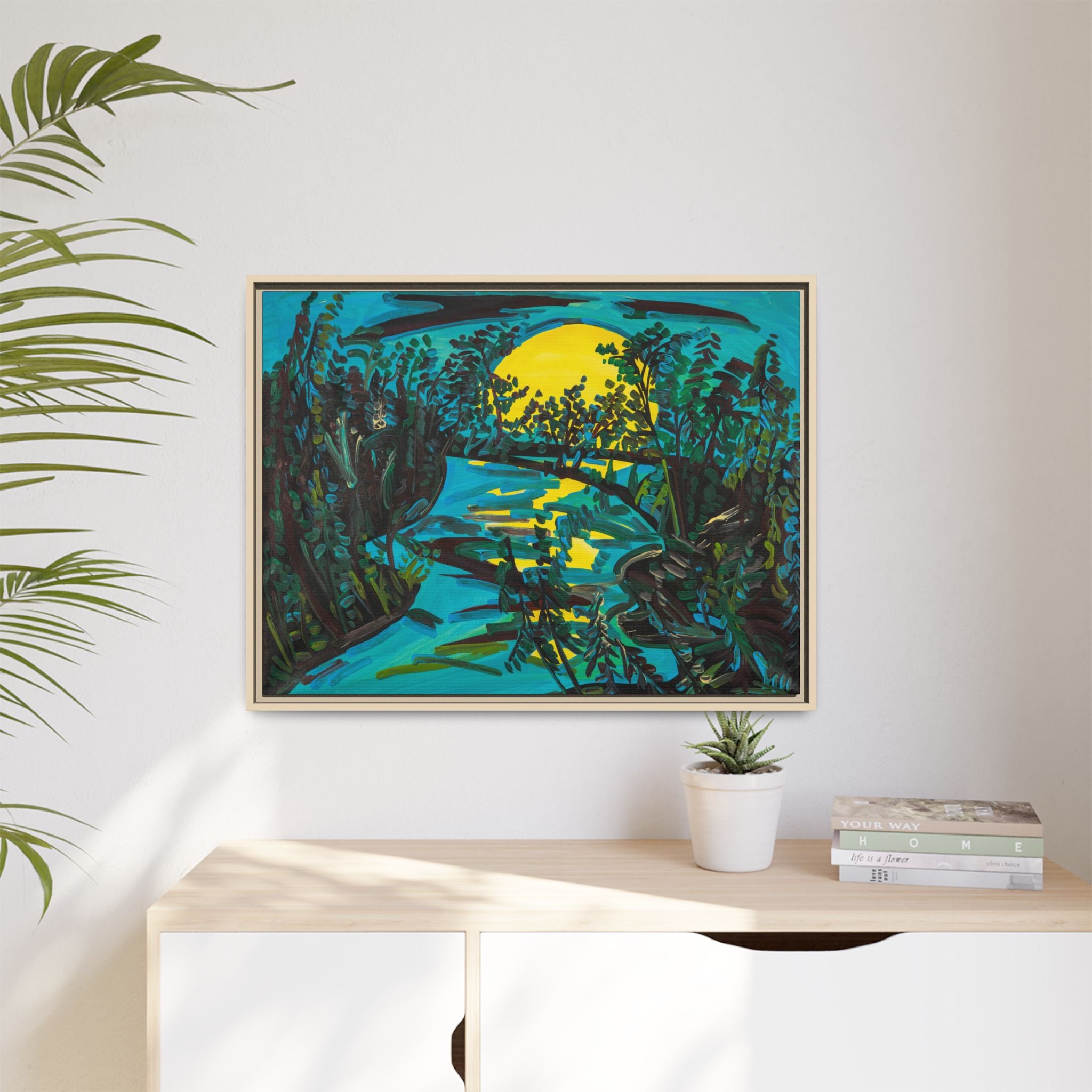 Framed Matte Canvas: Moonlit River Landscape Wall Art — Vibrant Nature Print