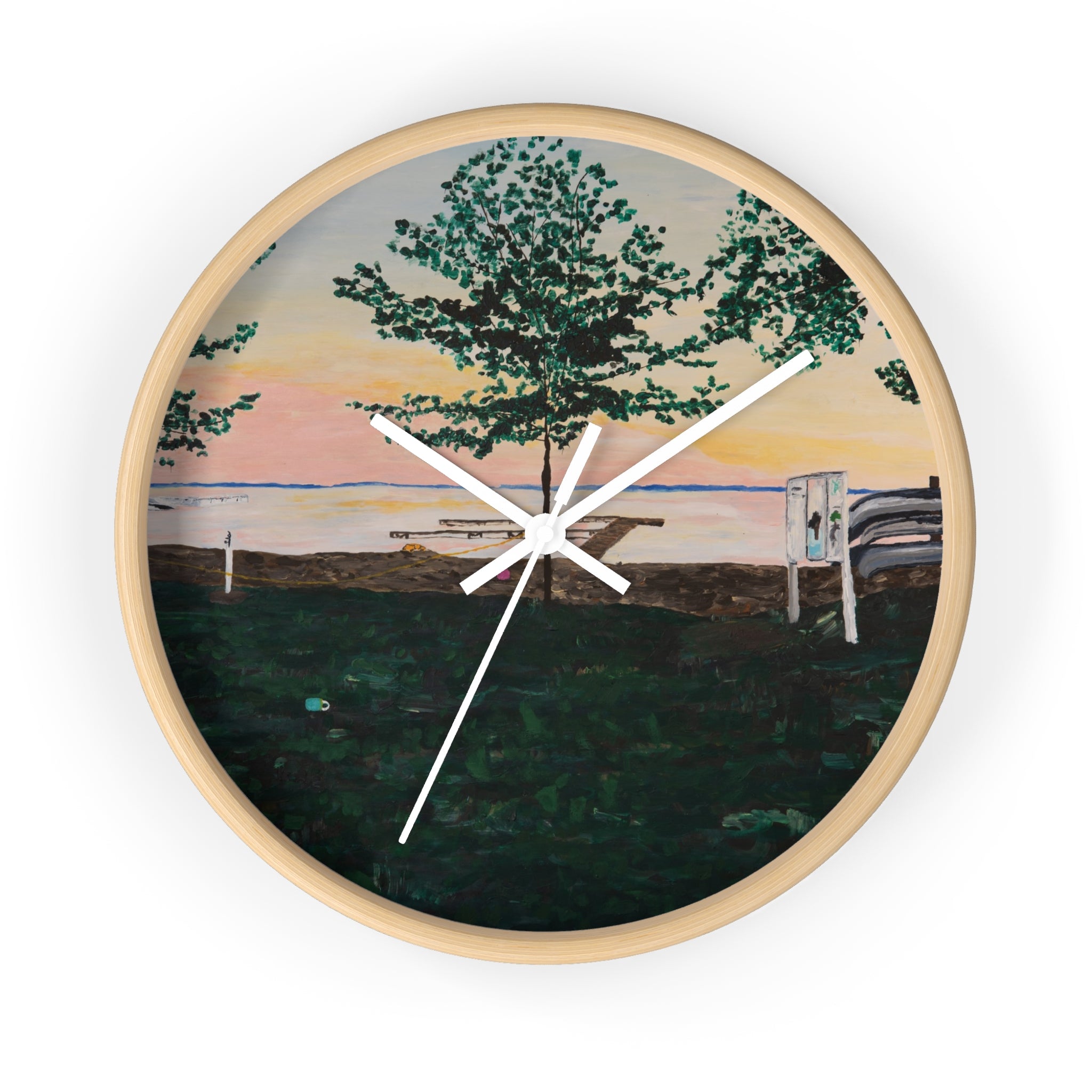 Lake Sunset Landscape Wall Clock | Beach Trees, Picnic Bench, Pastel Sky