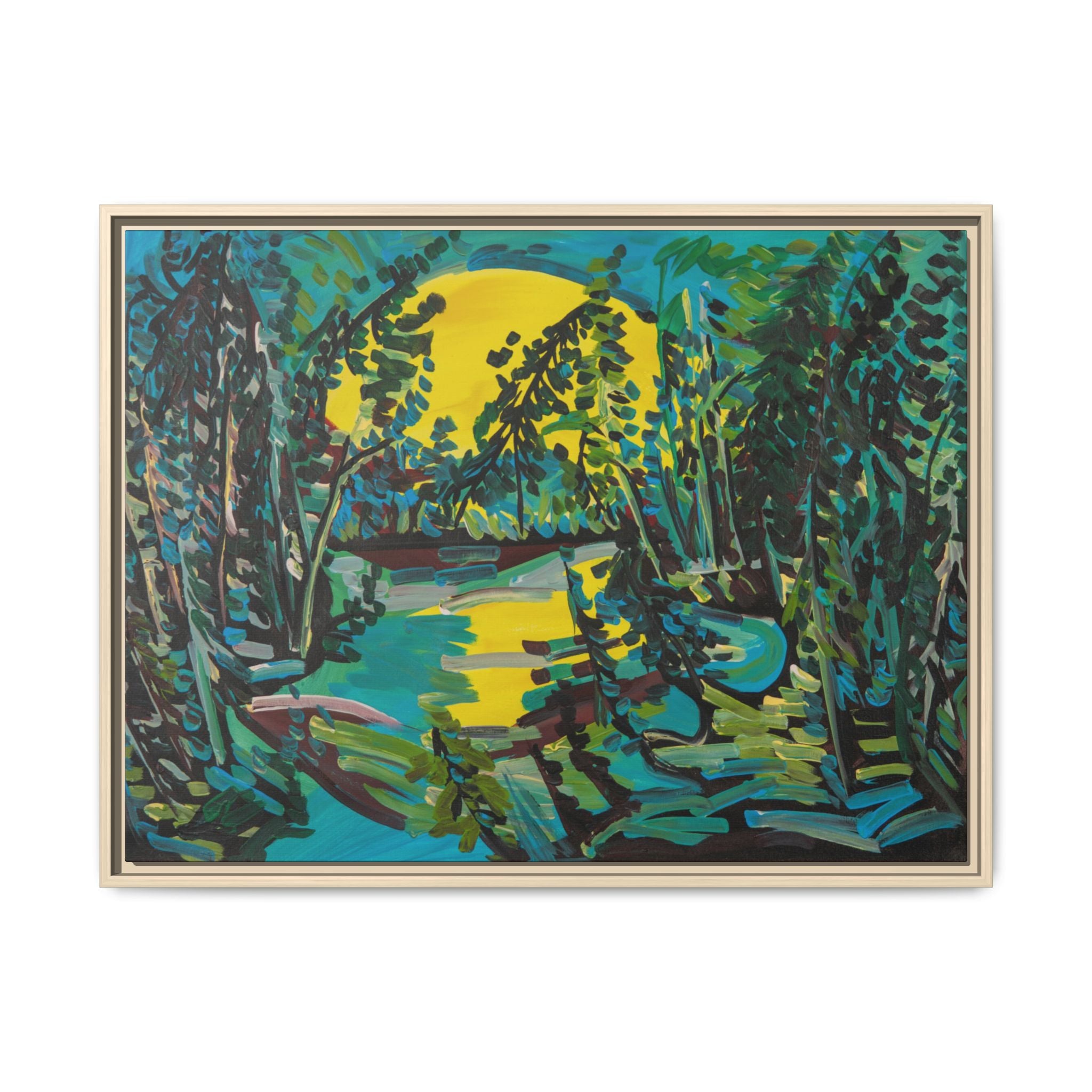 Framed Matte Canvas - Vibrant Moonlit Forest Landscape