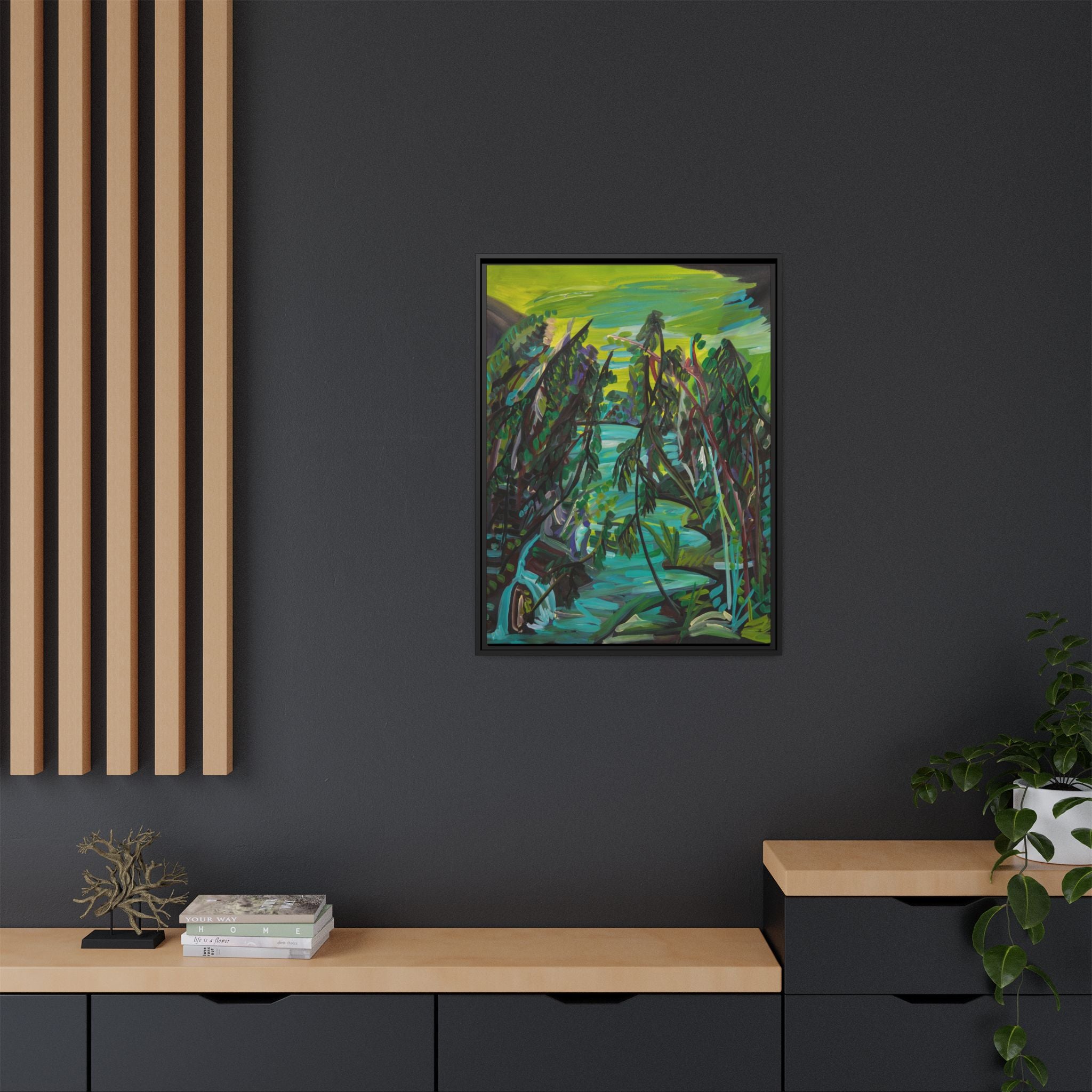 Abstract Green Forest Matte Framed Canvas — Lush Landscape Wall Art