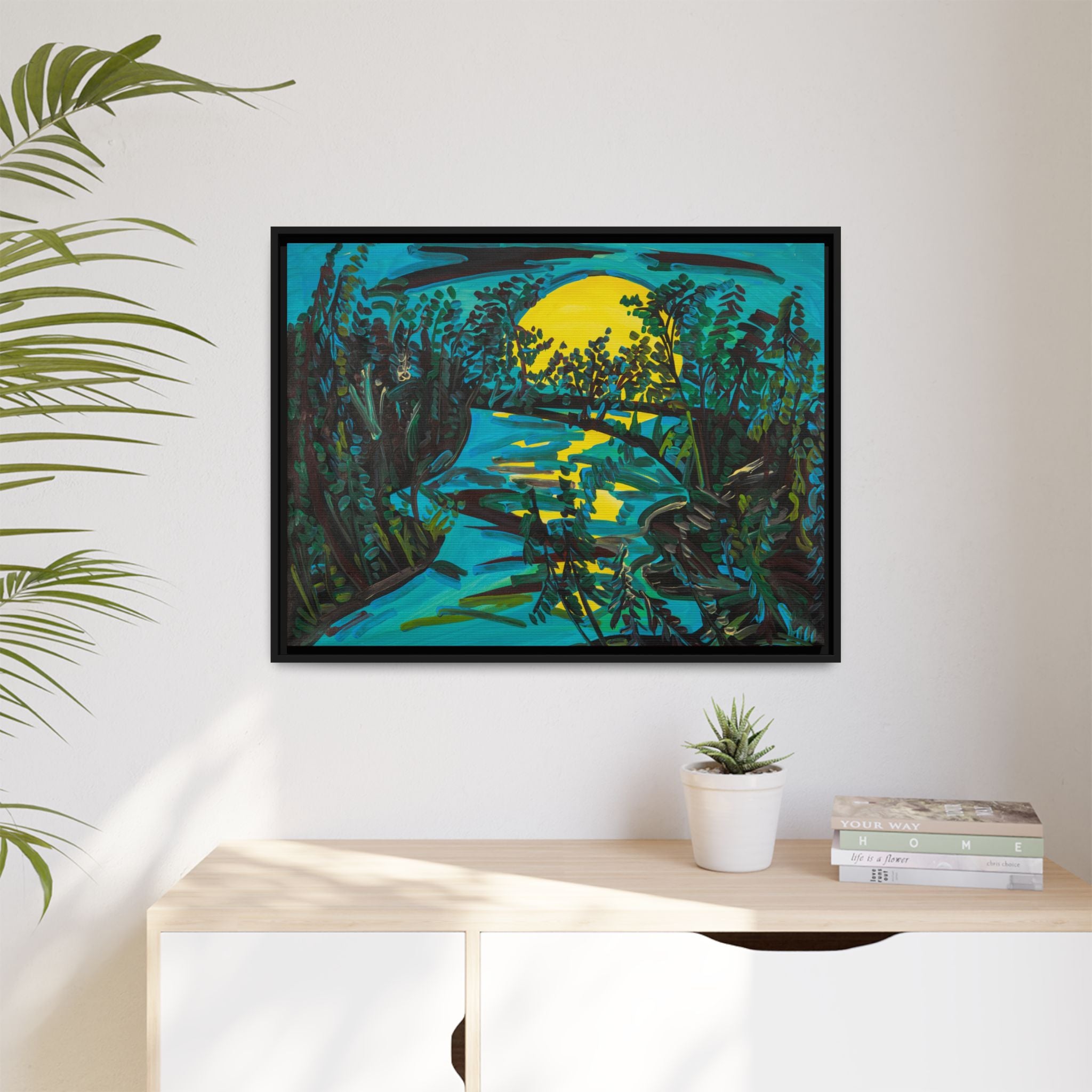 Framed Matte Canvas: Moonlit River Landscape Wall Art — Vibrant Nature Print
