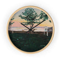 Lake Sunset Landscape Wall Clock | Beach Trees, Picnic Bench, Pastel Sky