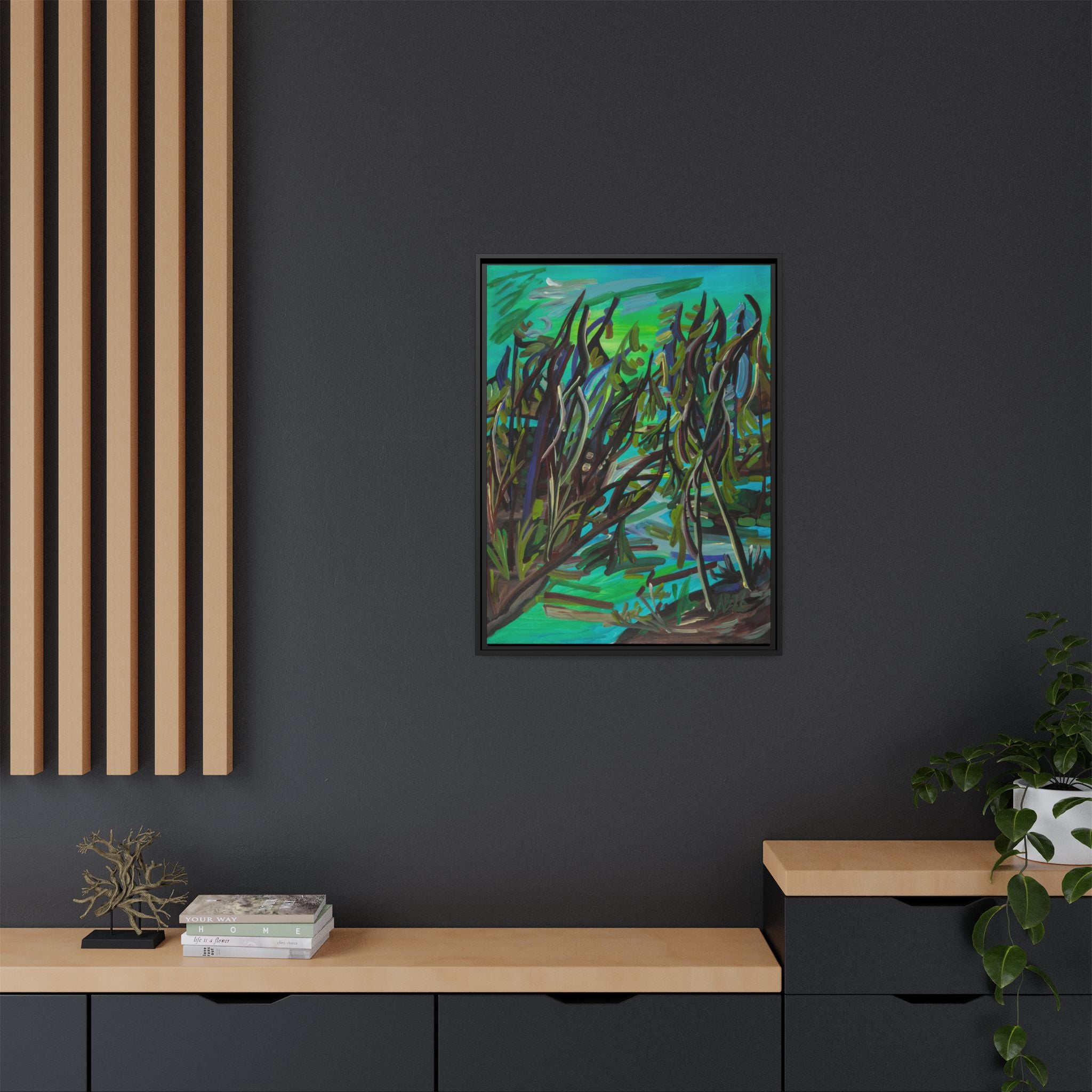 Framed Matte Canvas Art - Abstract Green Willow Landscape