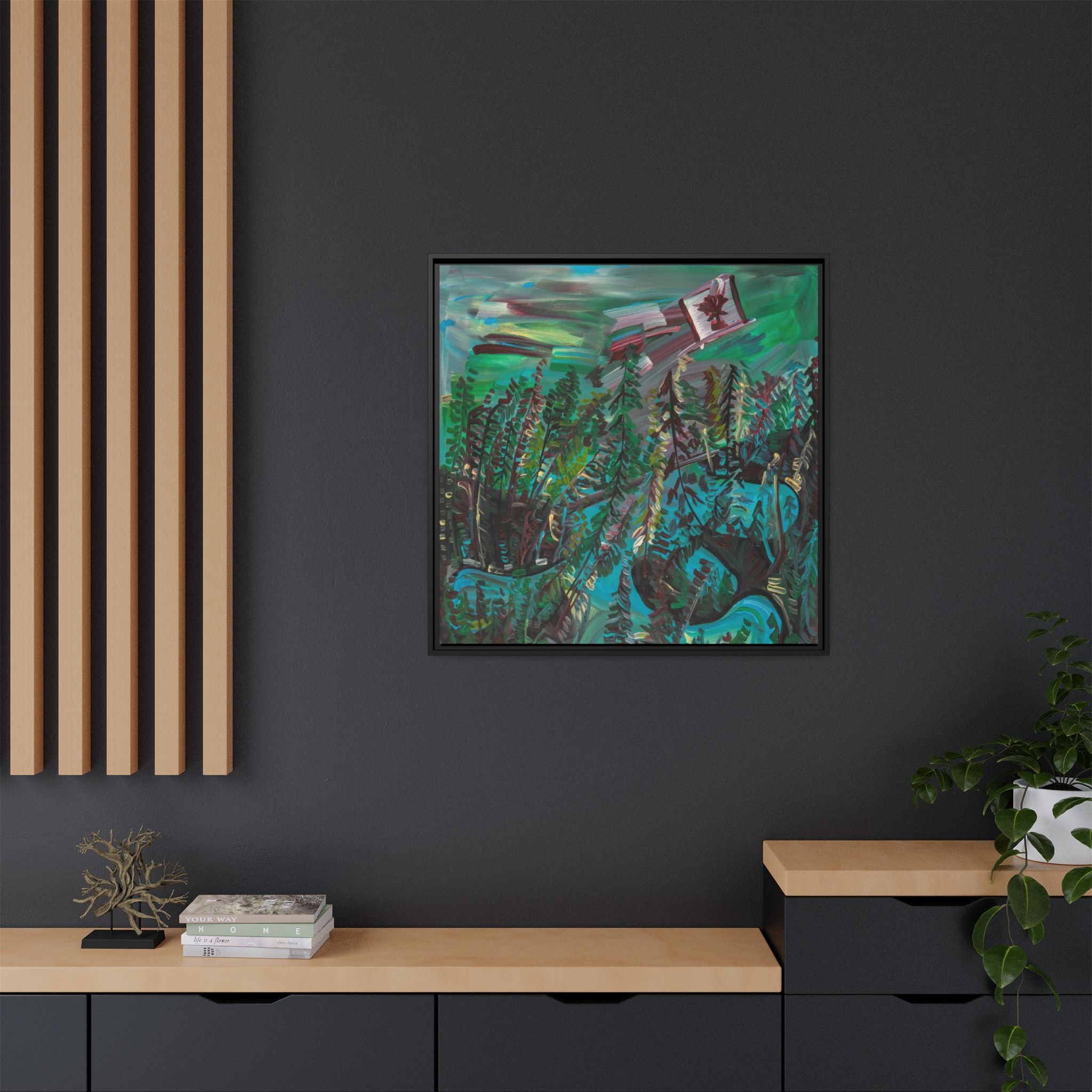 Framed Matte Canvas Print — Canadian Forest Flag Landscape