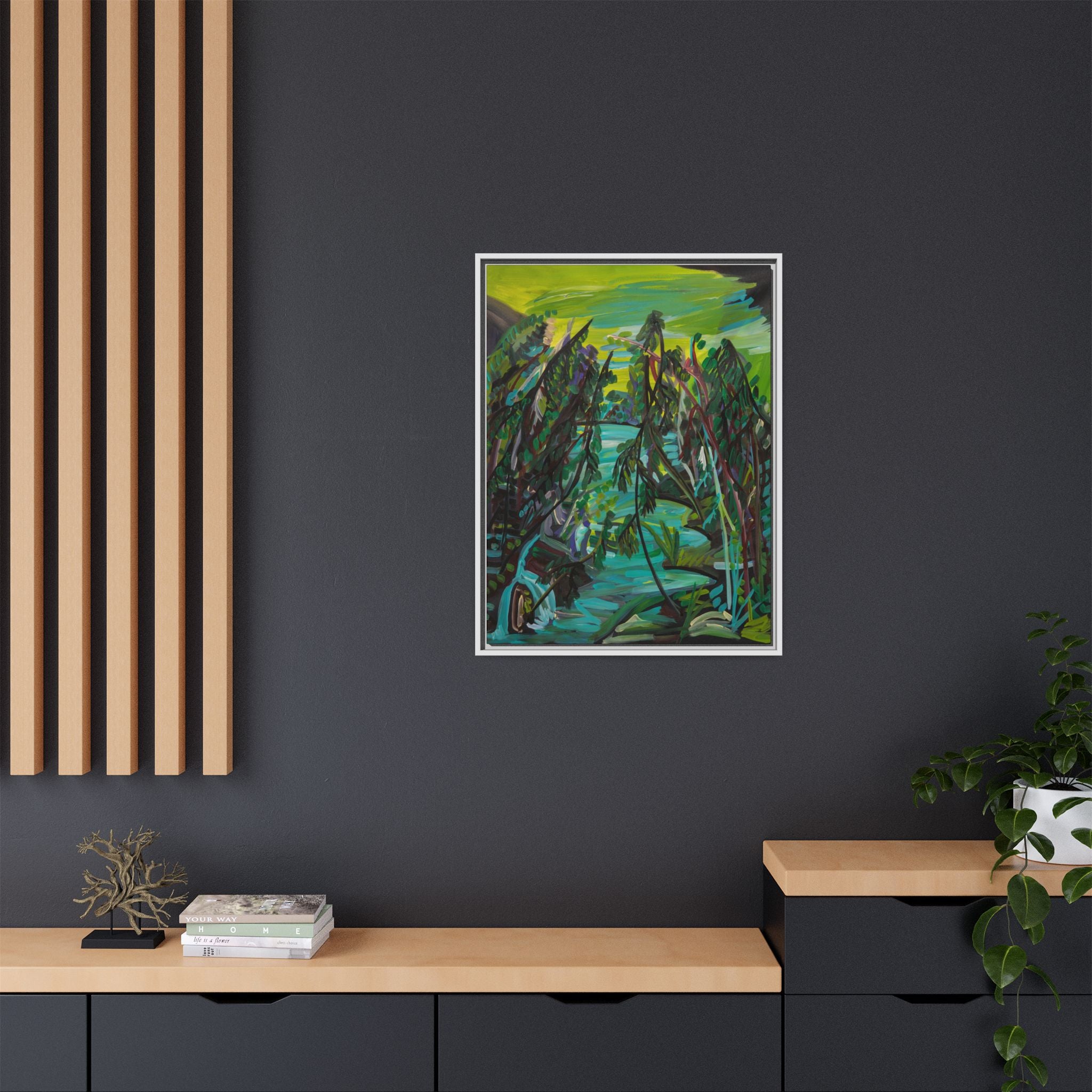 Abstract Green Forest Matte Framed Canvas — Lush Landscape Wall Art