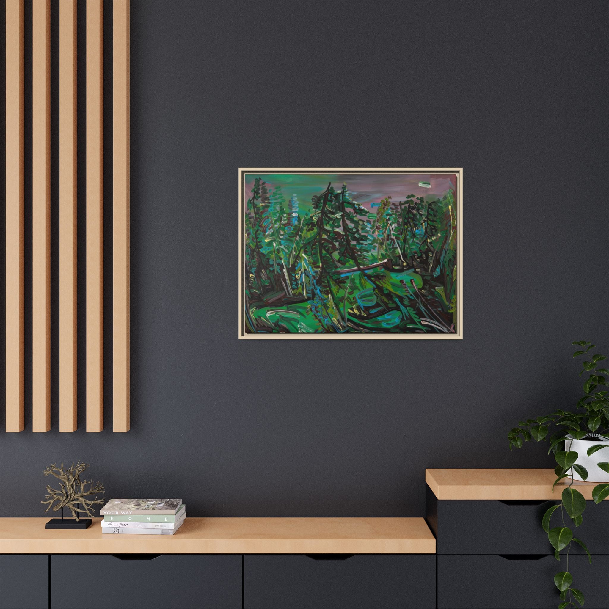 Framed Matte Canvas Print — Abstract Green Forest Landscape
