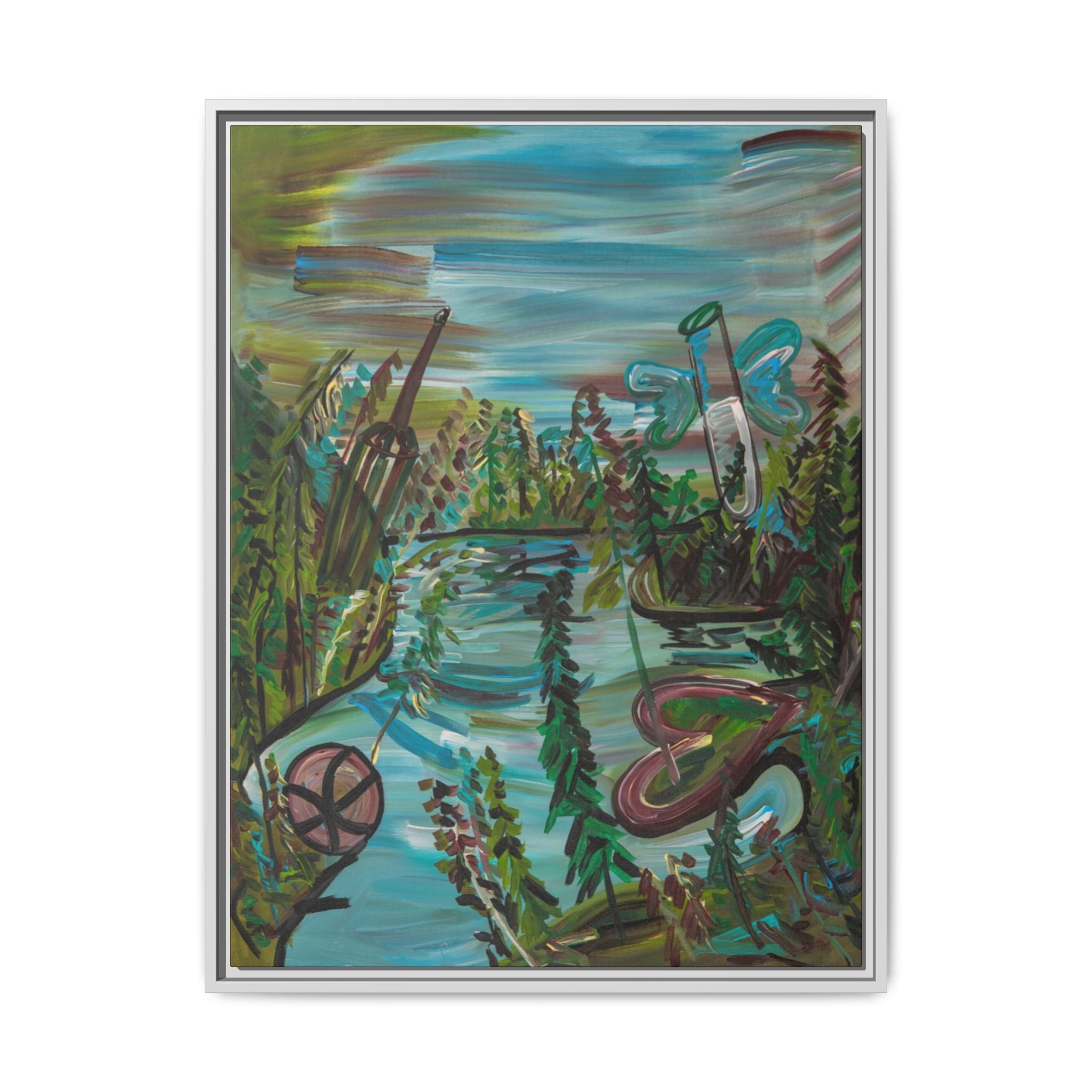 Framed Matte Canvas: Colorful Abstract River Landscape Art Print