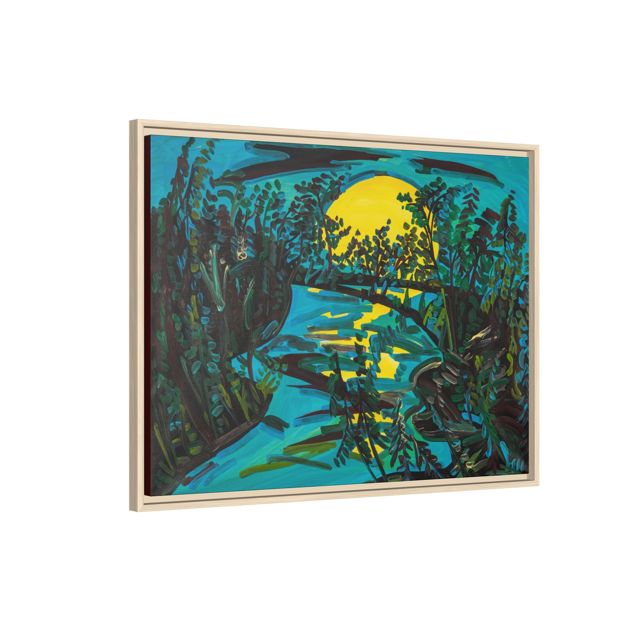 Framed Matte Canvas: Moonlit River Landscape Wall Art — Vibrant Nature Print