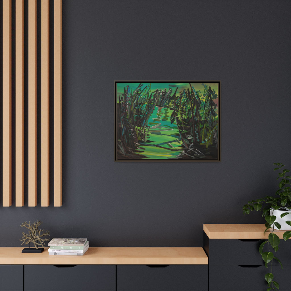 Framed Matte Canvas – Green Woodland Stream Landscape Wall Art