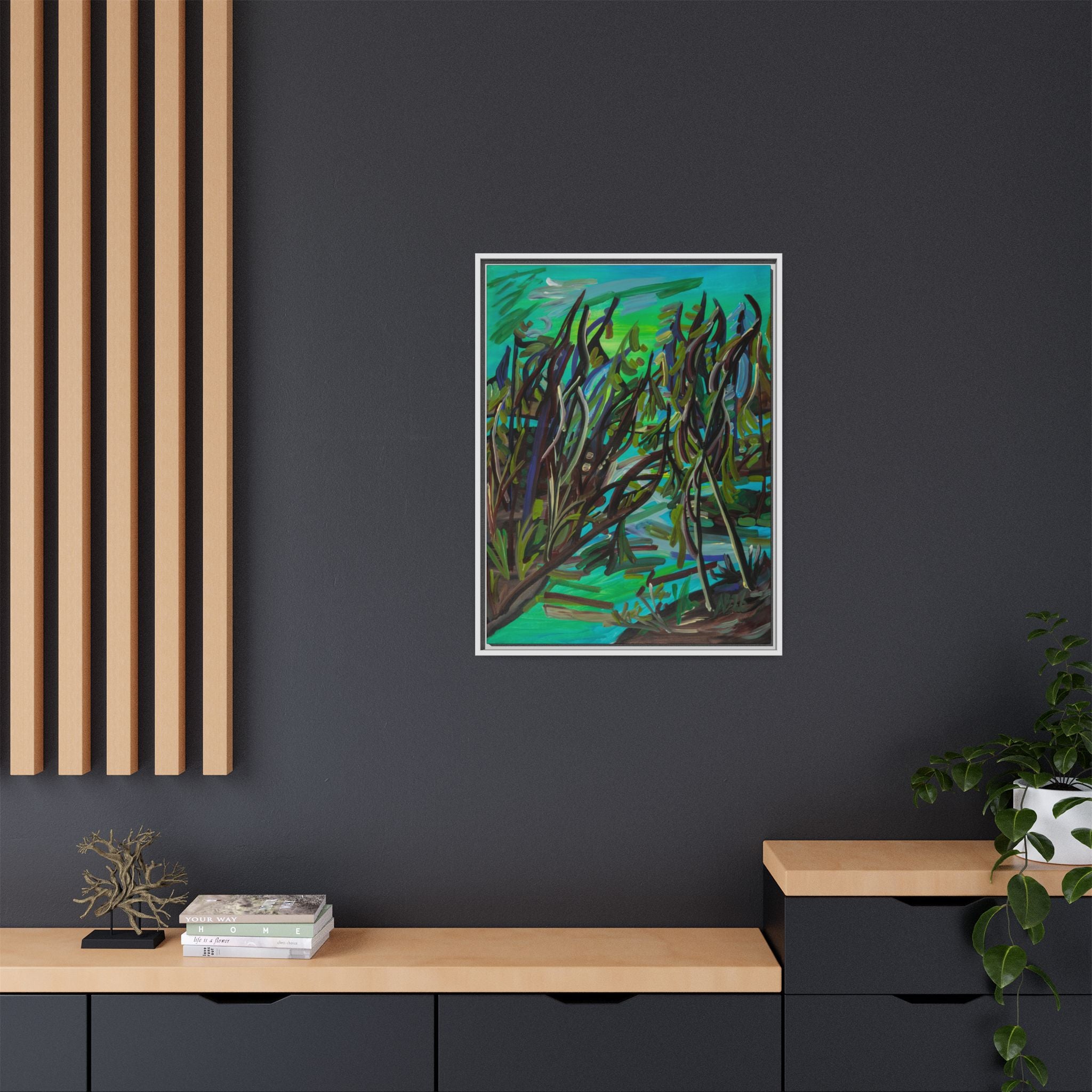 Framed Matte Canvas Art - Abstract Green Willow Landscape