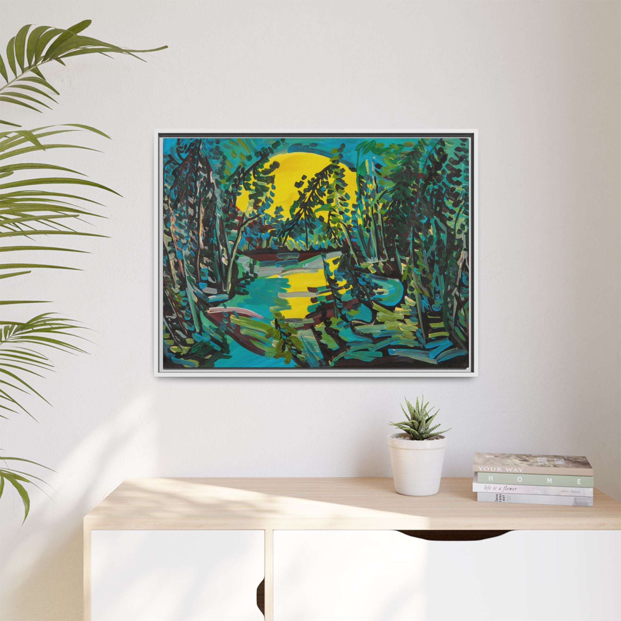 Framed Matte Canvas - Vibrant Moonlit Forest Landscape