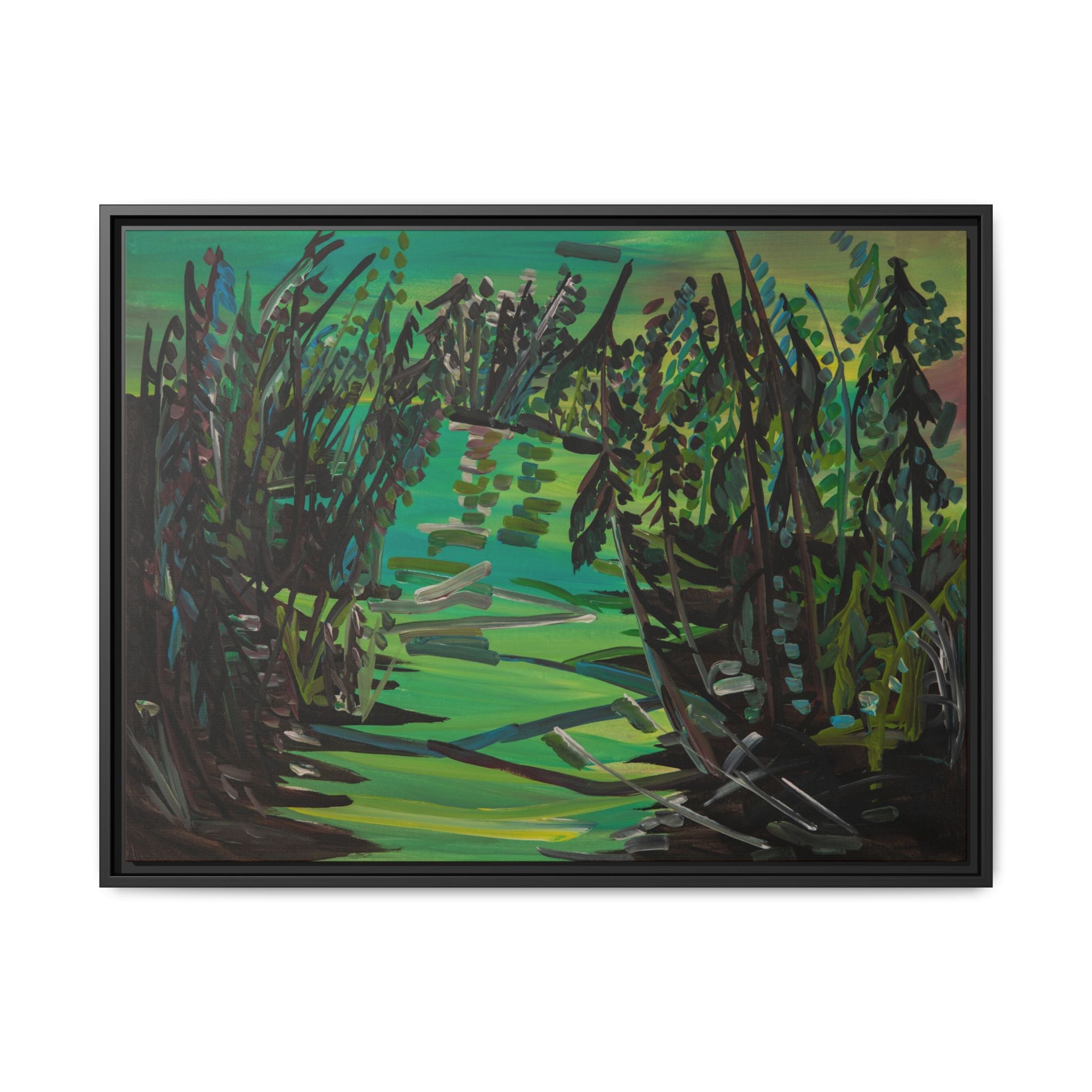 Framed Matte Canvas – Green Woodland Stream Landscape Wall Art
