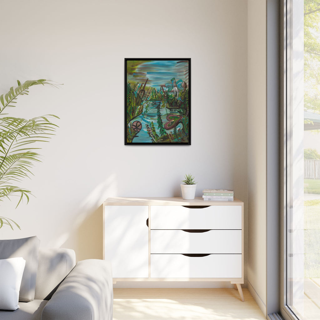 Framed Matte Canvas: Colorful Abstract River Landscape Art Print