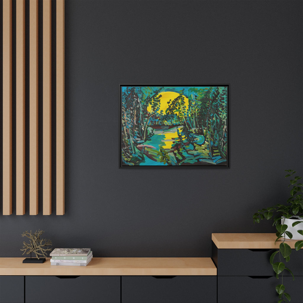 Framed Matte Canvas - Vibrant Moonlit Forest Landscape