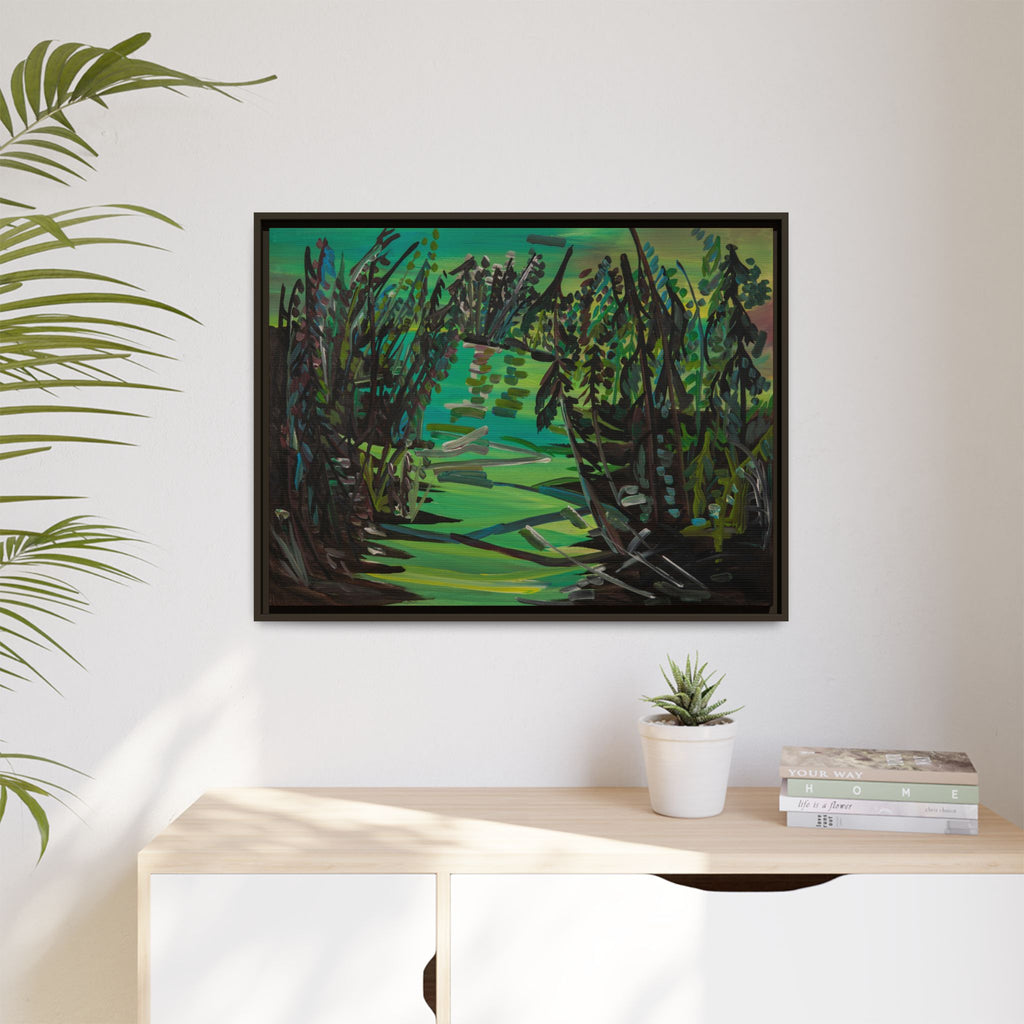 Framed Matte Canvas – Green Woodland Stream Landscape Wall Art