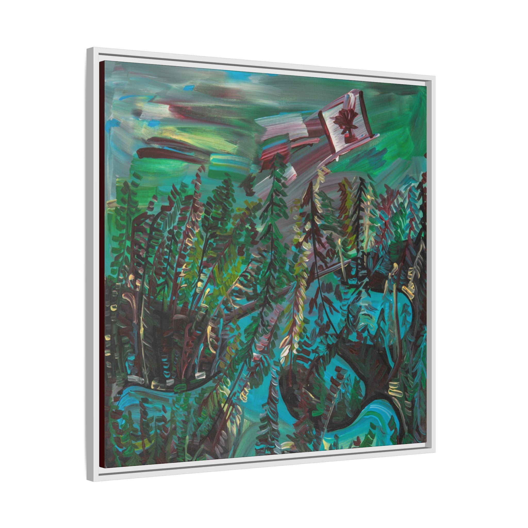 Framed Matte Canvas Print — Canadian Forest Flag Landscape