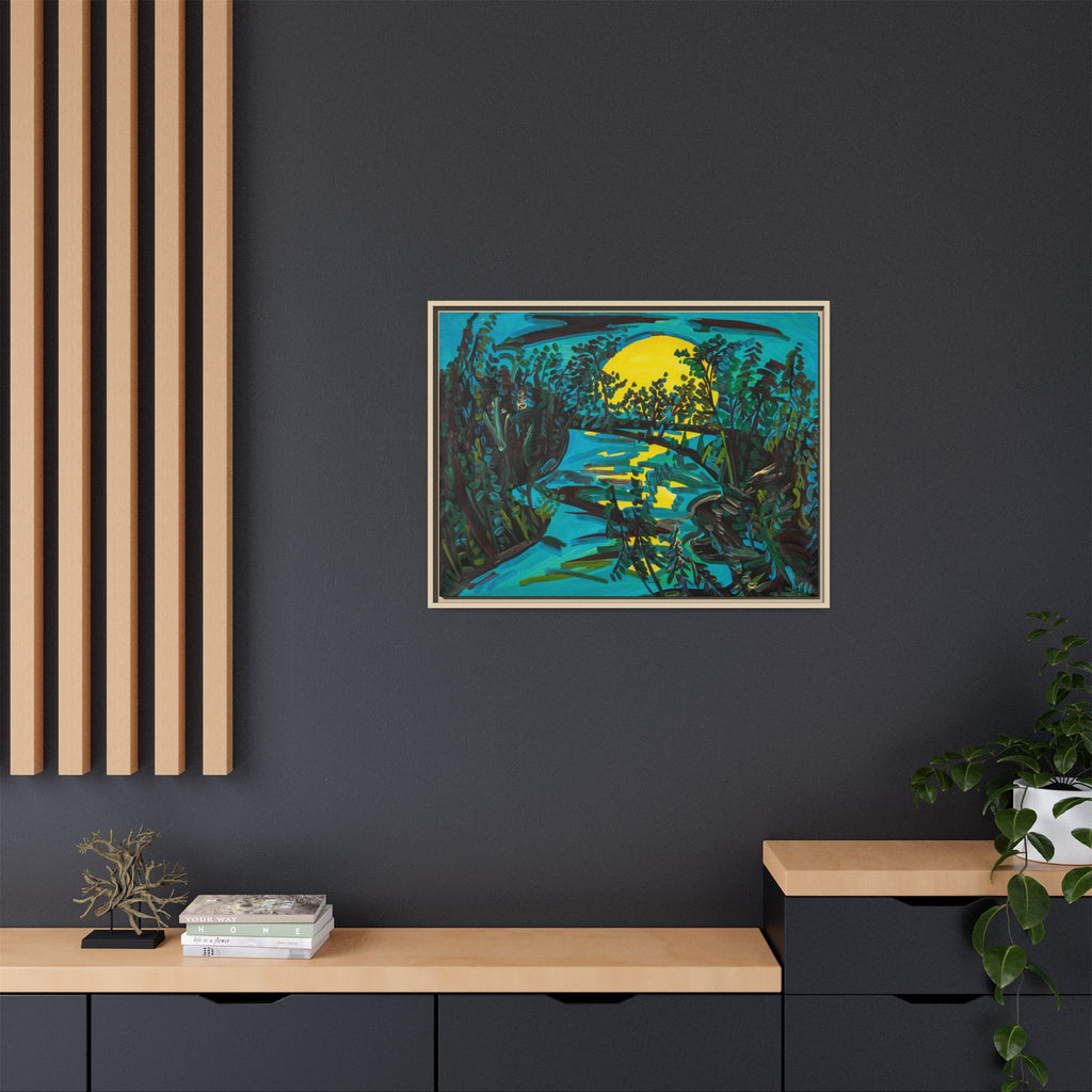 Framed Matte Canvas: Moonlit River Landscape Wall Art — Vibrant Nature Print
