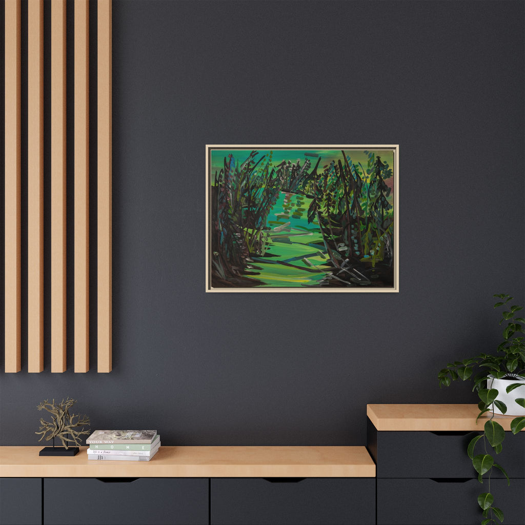 Framed Matte Canvas – Green Woodland Stream Landscape Wall Art