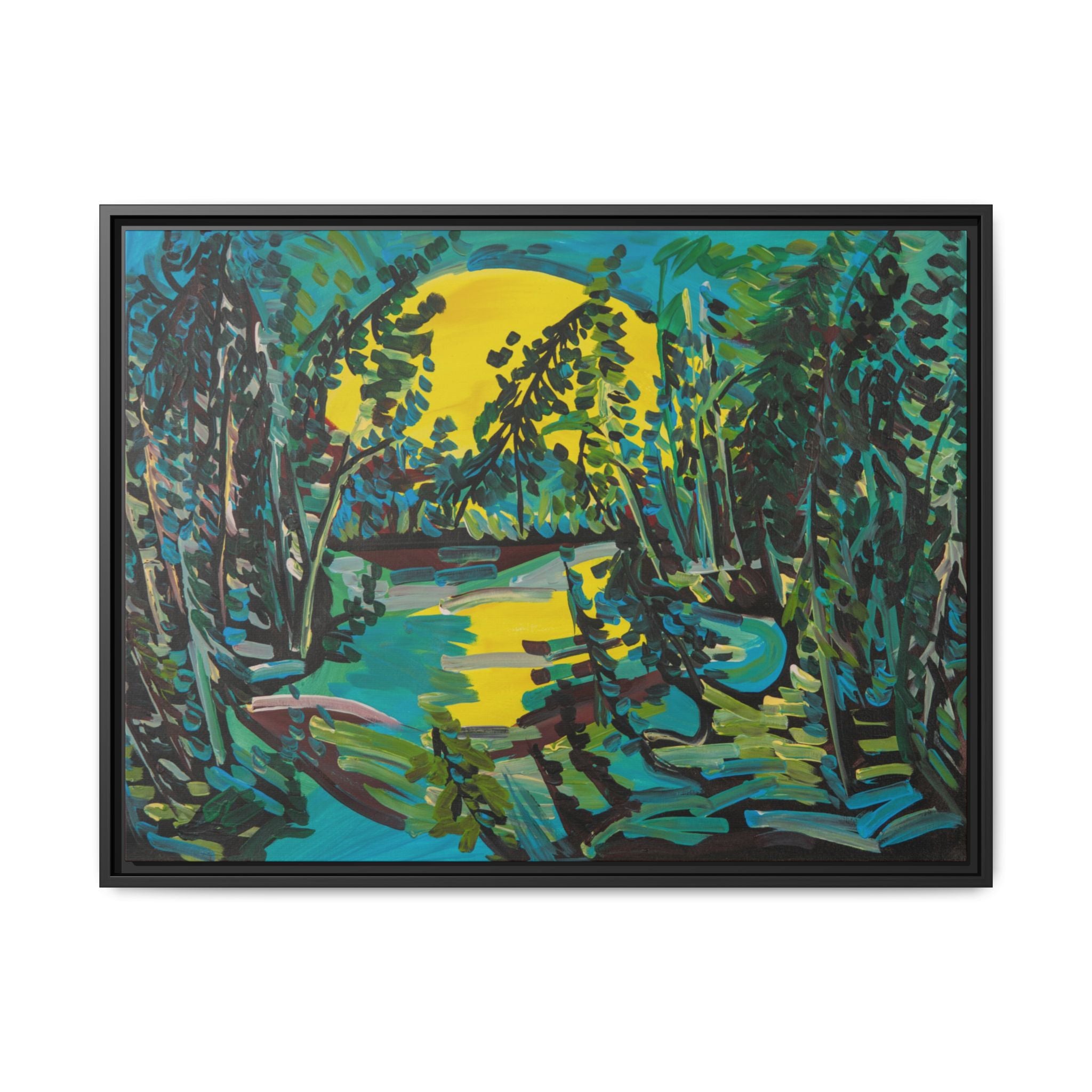 Framed Matte Canvas - Vibrant Moonlit Forest Landscape