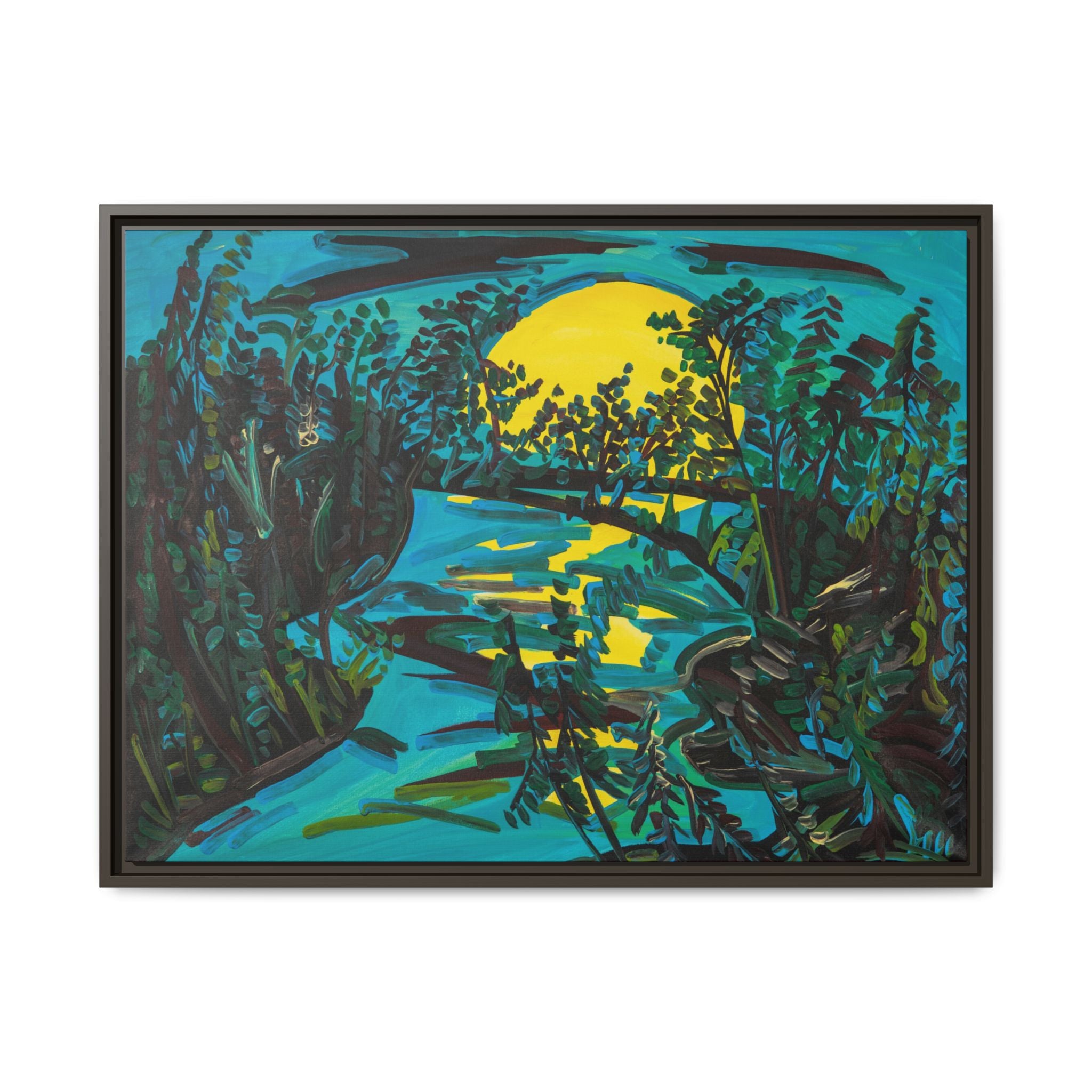 Framed Matte Canvas: Moonlit River Landscape Wall Art — Vibrant Nature Print