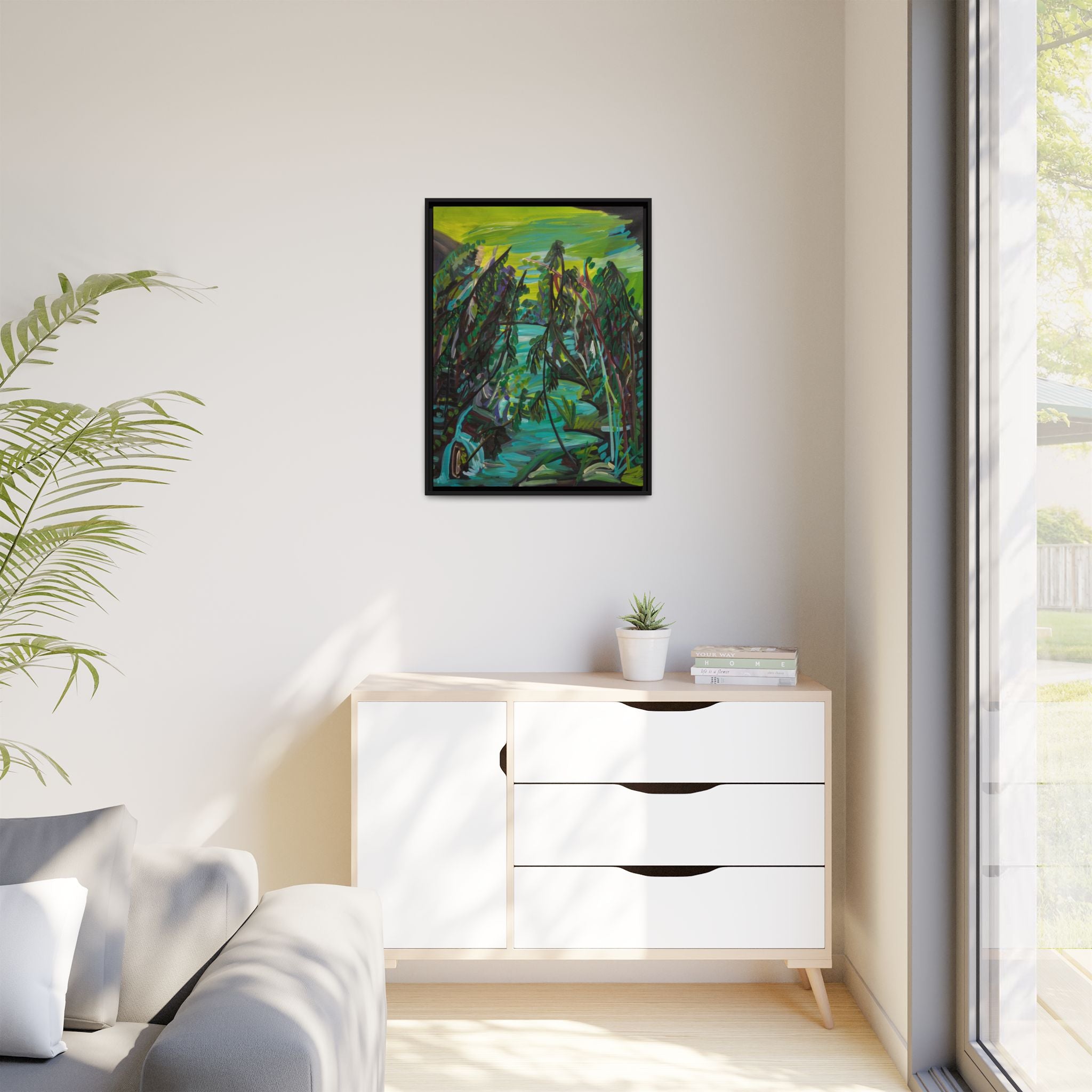 Abstract Green Forest Matte Framed Canvas — Lush Landscape Wall Art