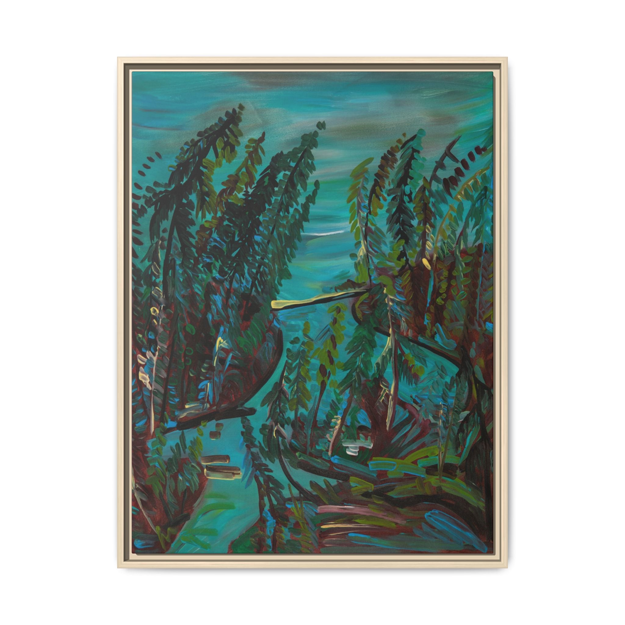 Teal Forest River — Framed Matte Canvas Wall Art