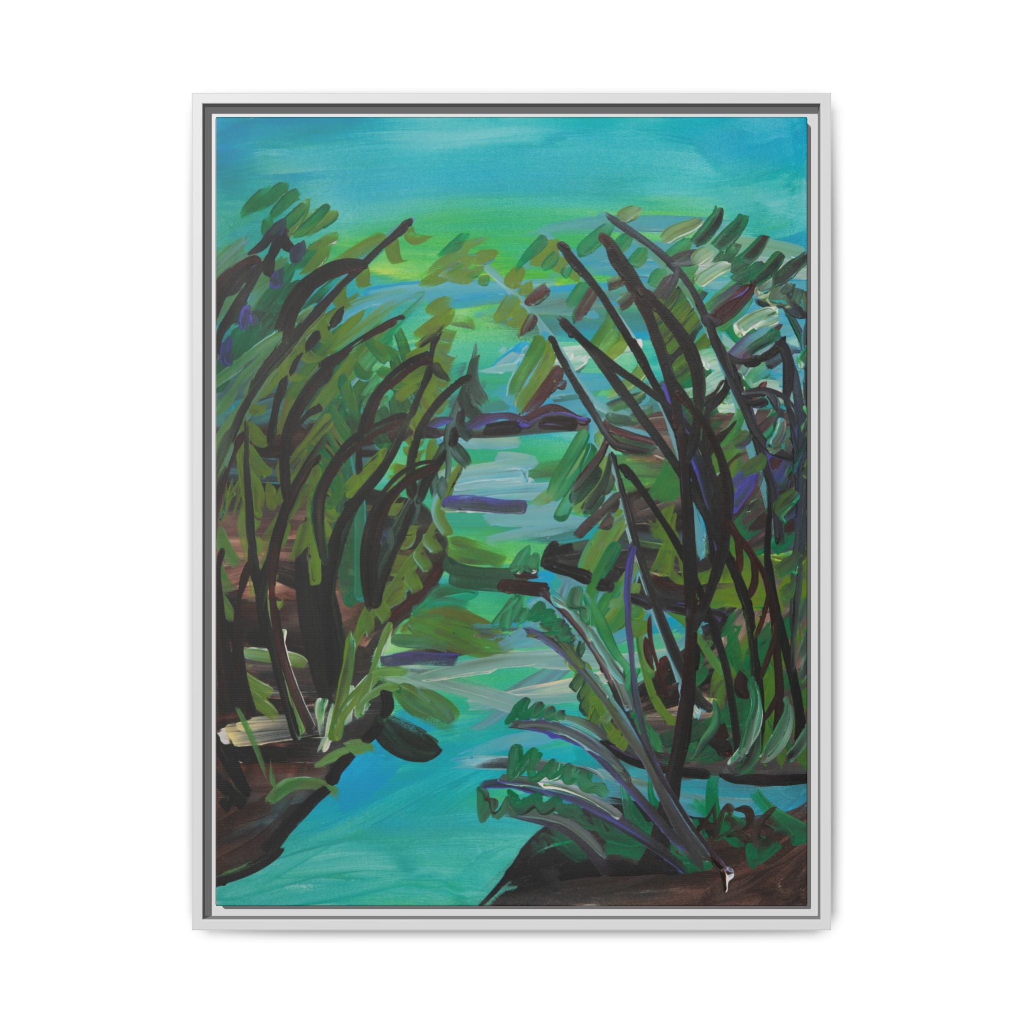Framed Matte Canvas Print — Serene Blue-Green Wetland Landscape