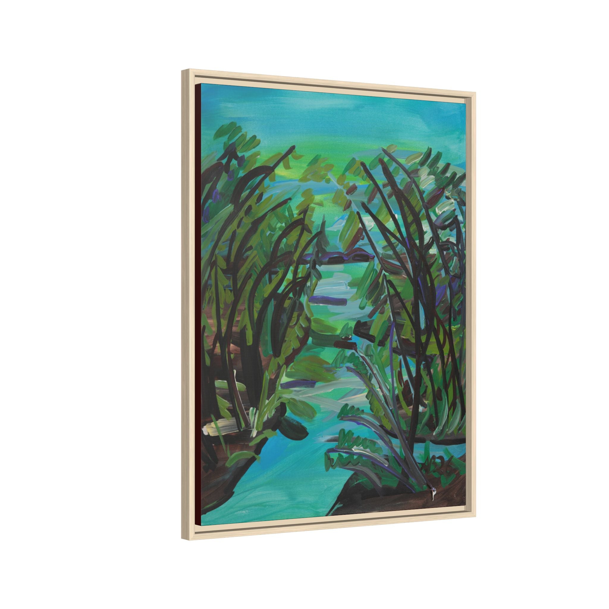 Framed Matte Canvas Print — Serene Blue-Green Wetland Landscape