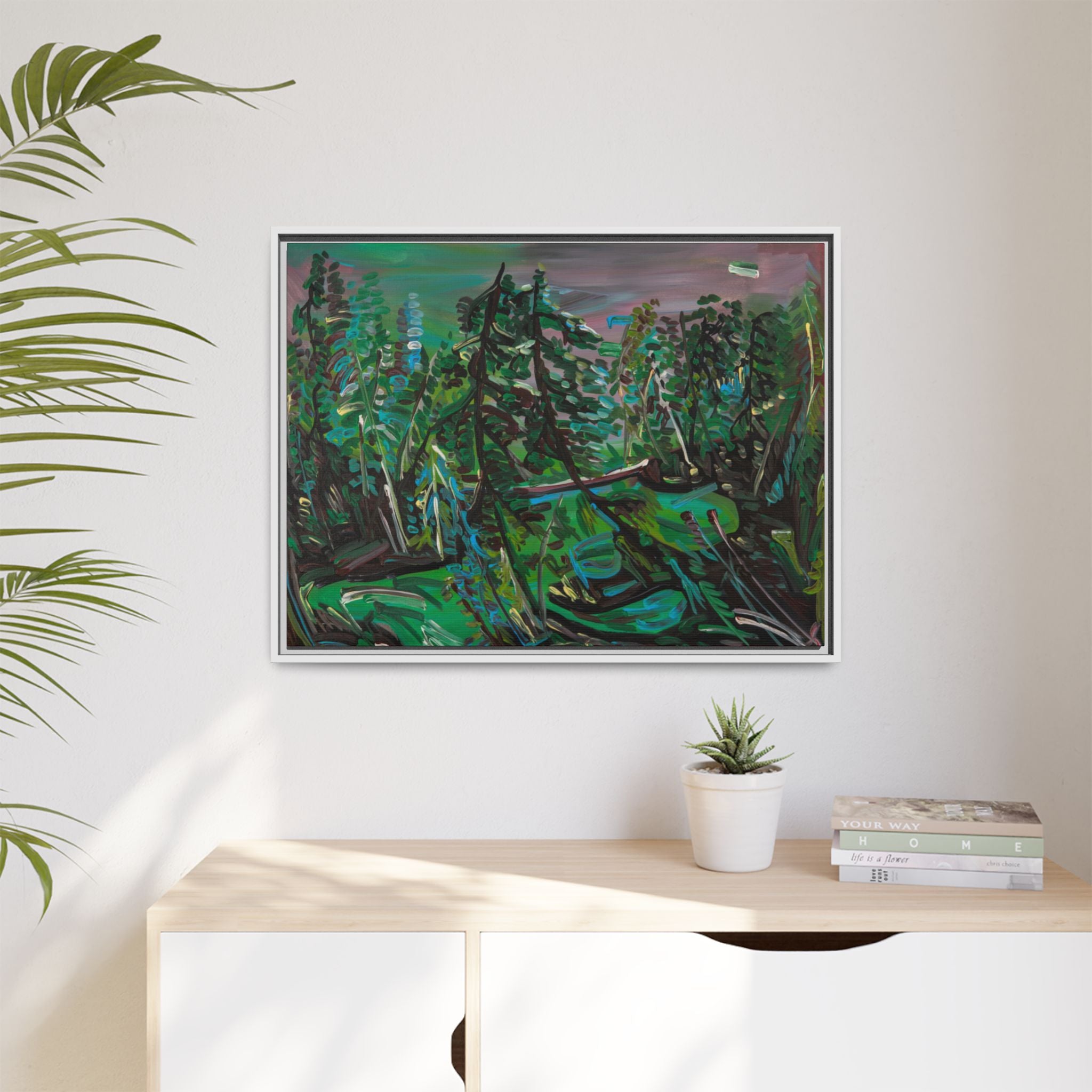 Framed Matte Canvas Print — Abstract Green Forest Landscape