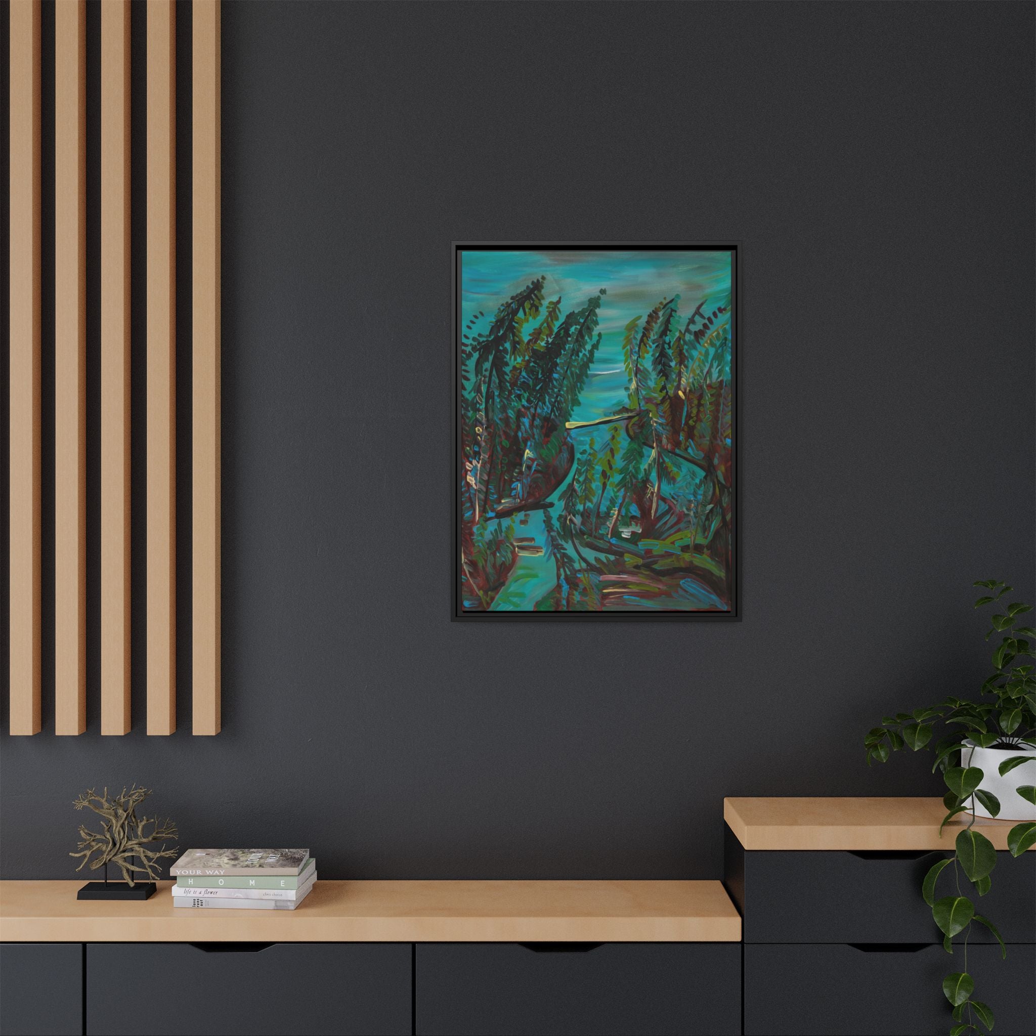 Teal Forest River — Framed Matte Canvas Wall Art