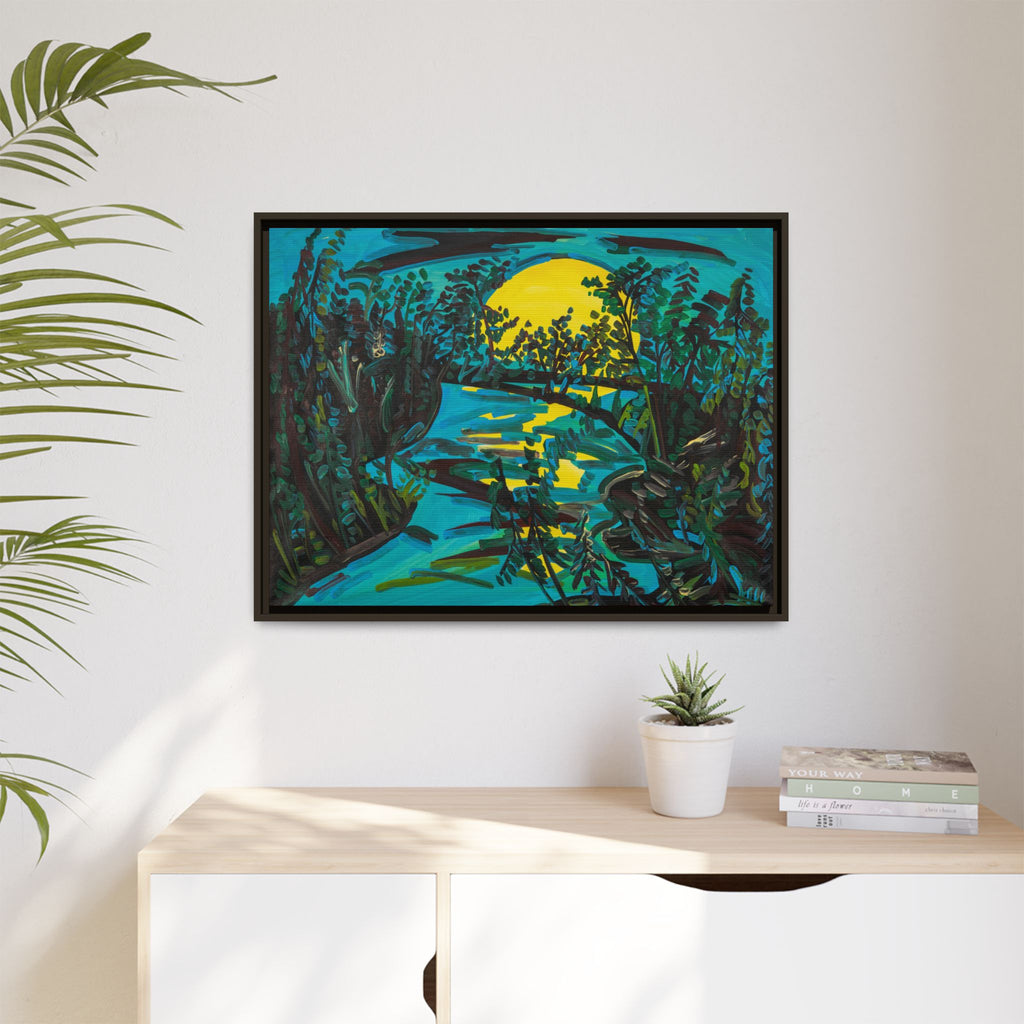 Framed Matte Canvas: Moonlit River Landscape Wall Art — Vibrant Nature Print