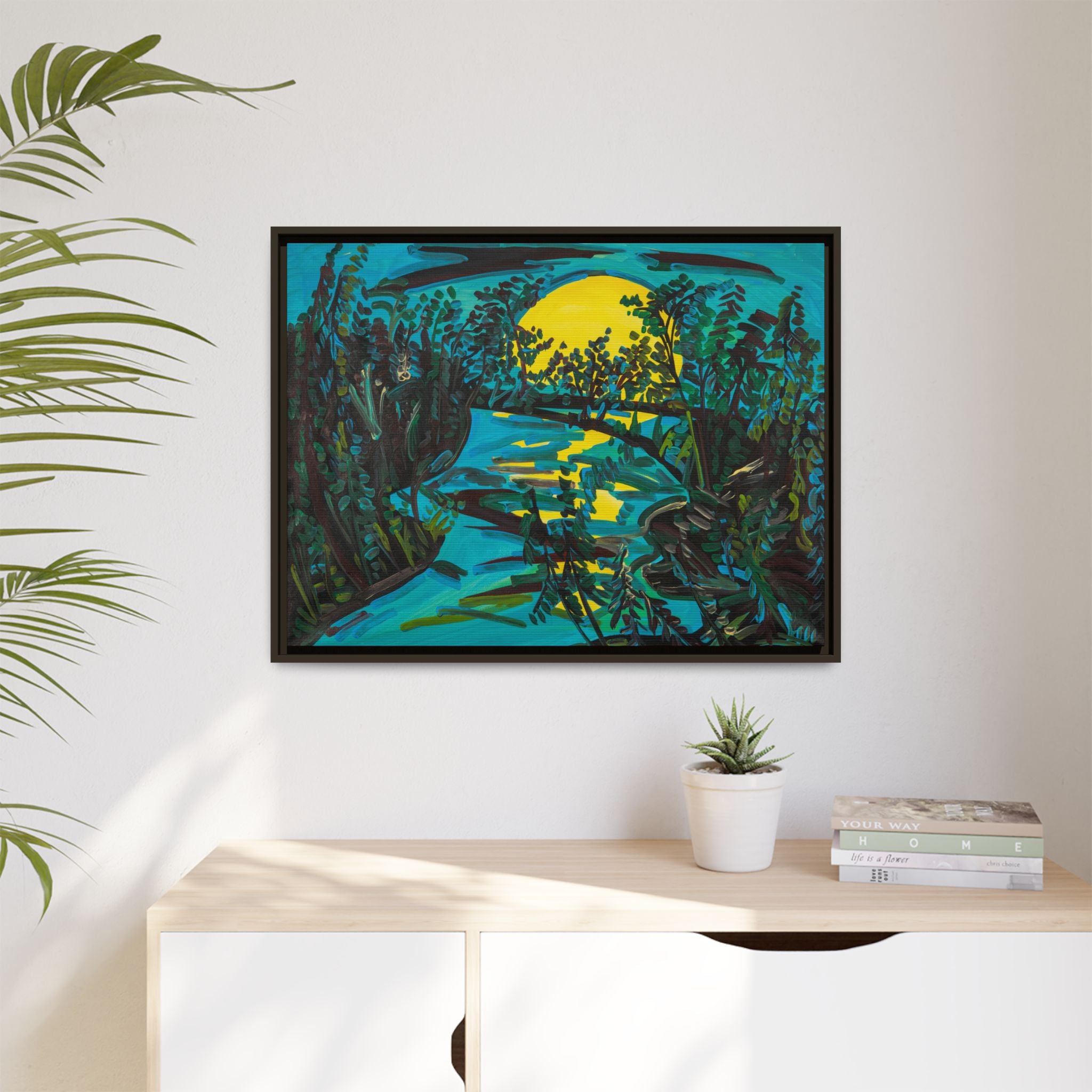 Framed Matte Canvas: Moonlit River Landscape Wall Art — Vibrant Nature Print