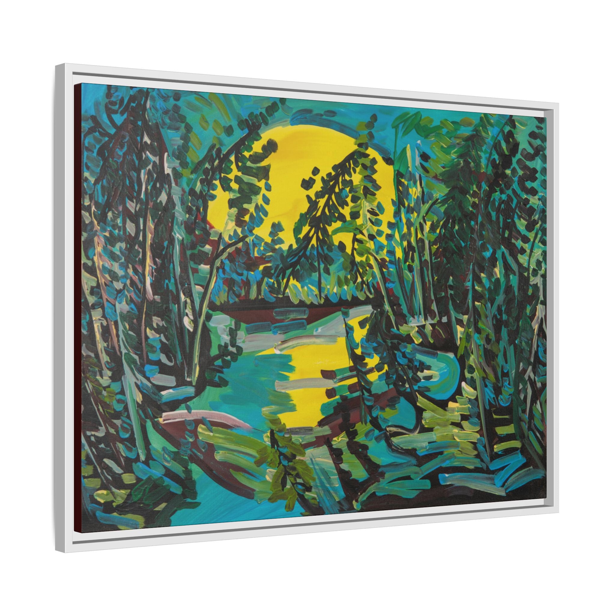 Framed Matte Canvas - Vibrant Moonlit Forest Landscape