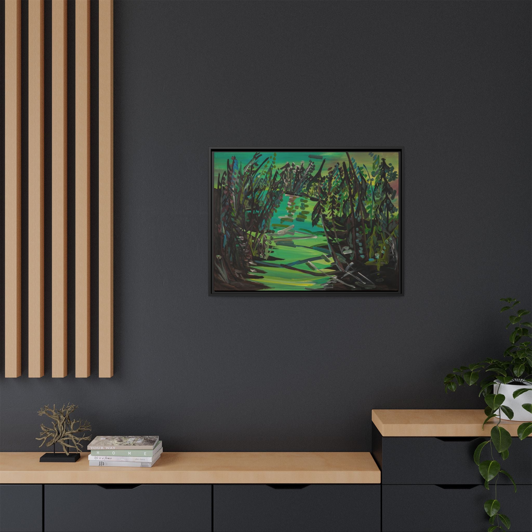 Framed Matte Canvas – Green Woodland Stream Landscape Wall Art