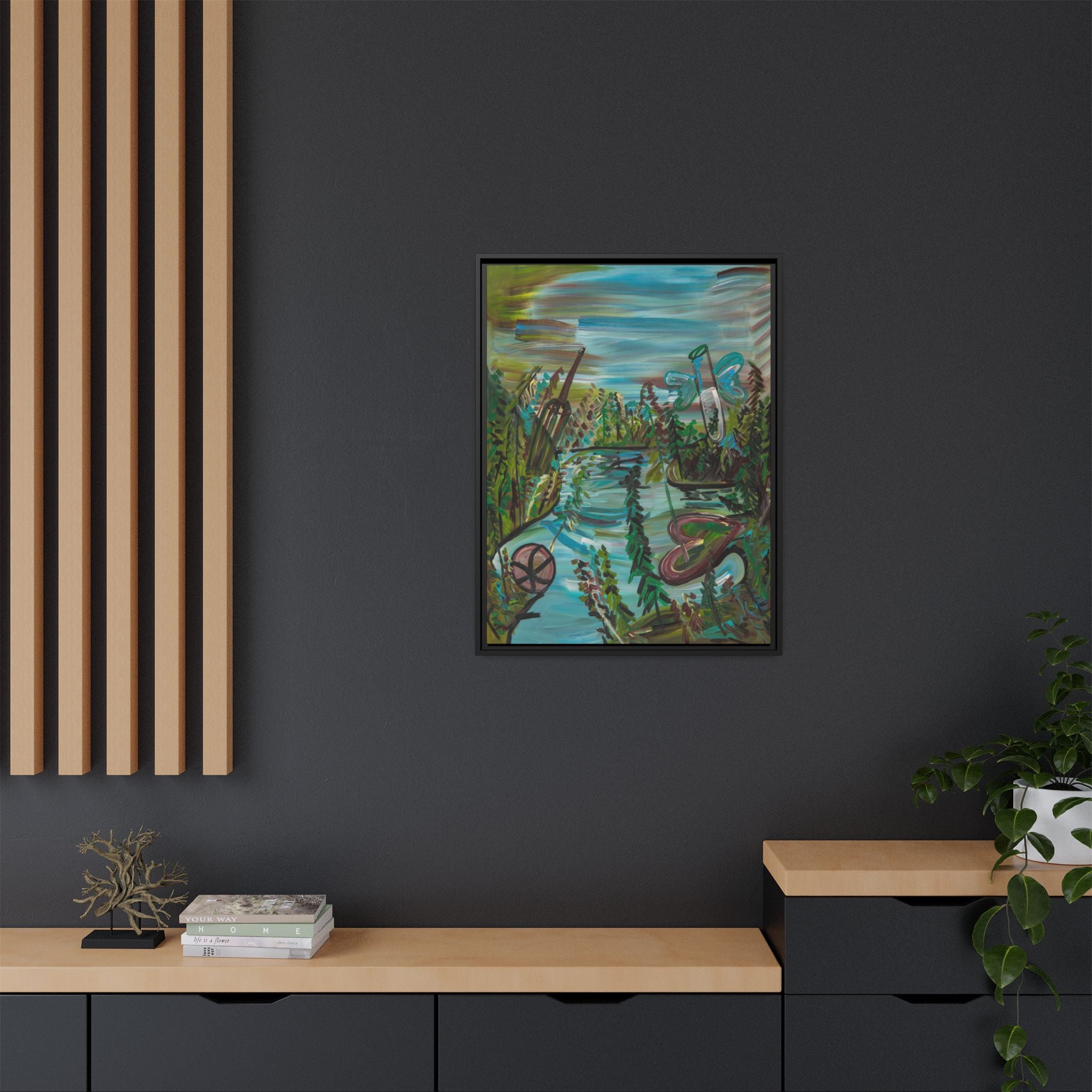 Framed Matte Canvas: Colorful Abstract River Landscape Art Print