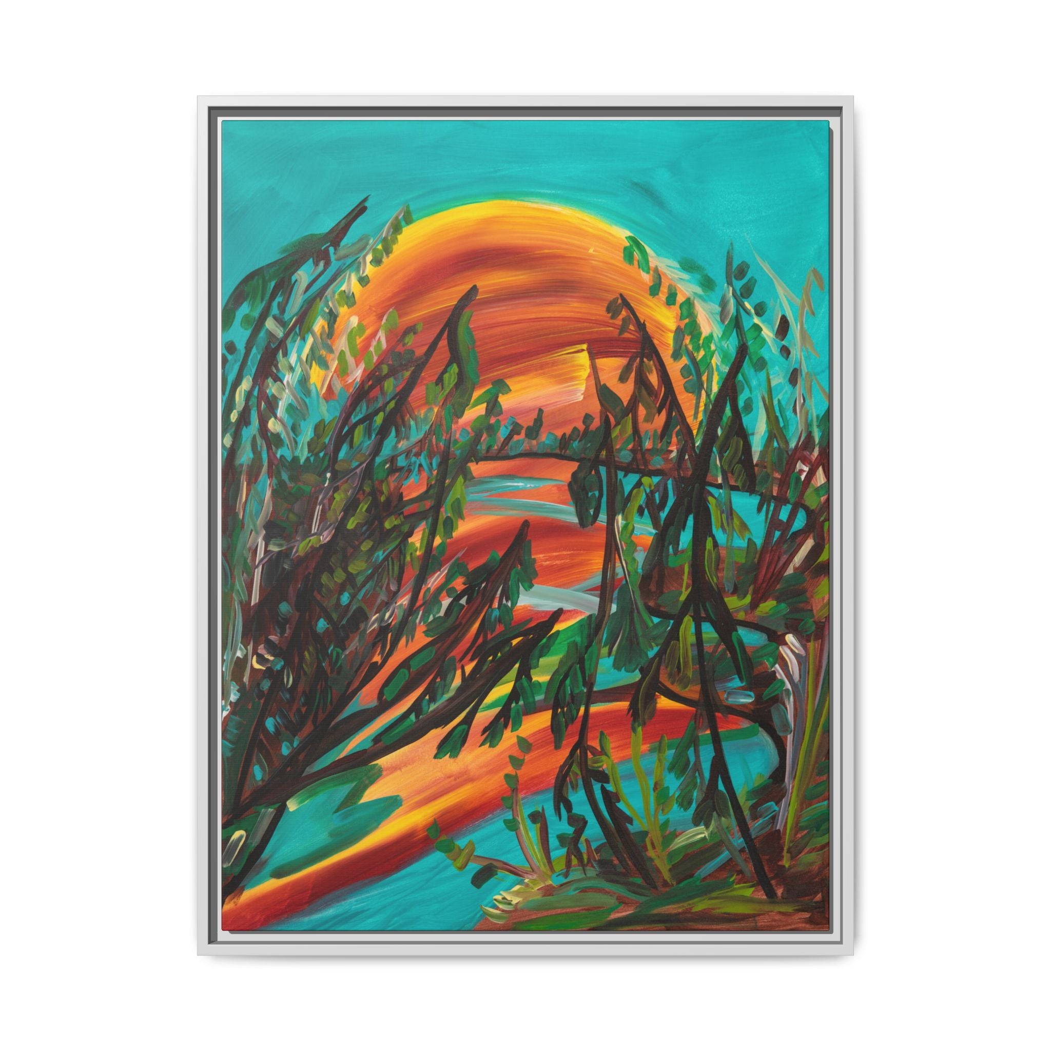 Framed Matte Canvas – Vibrant Abstract Sunset Landscape