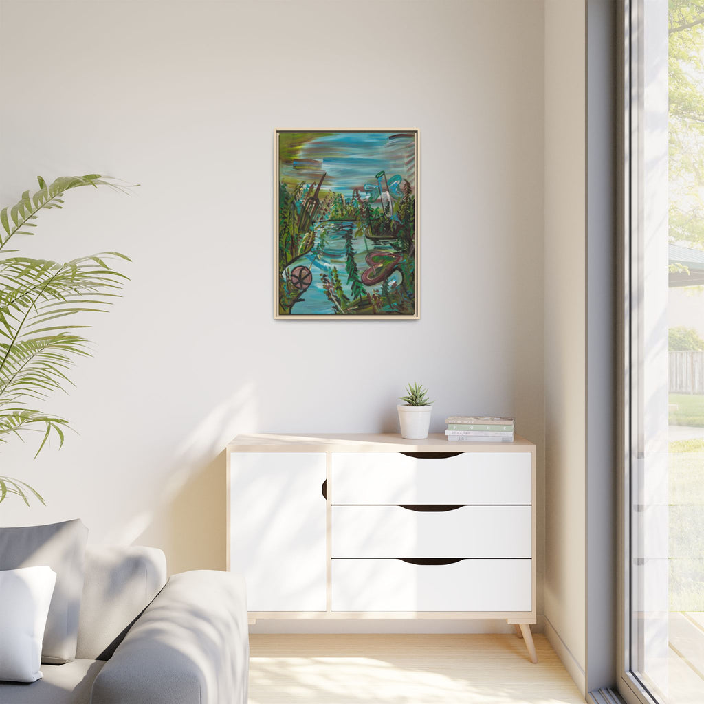 Framed Matte Canvas: Colorful Abstract River Landscape Art Print